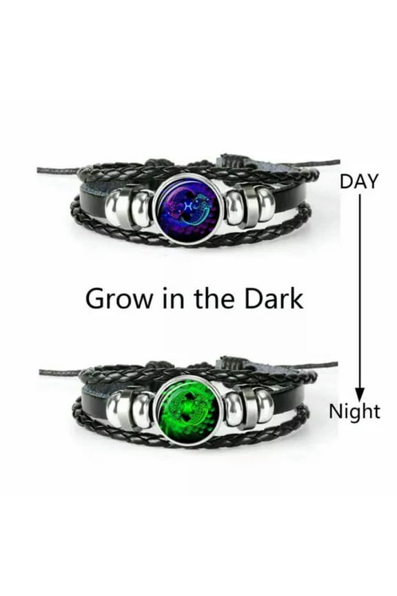 Glow In The Dark Leather Braided Bracelet 12 Constellation Zodiac Sign Women Hot-Pisces
