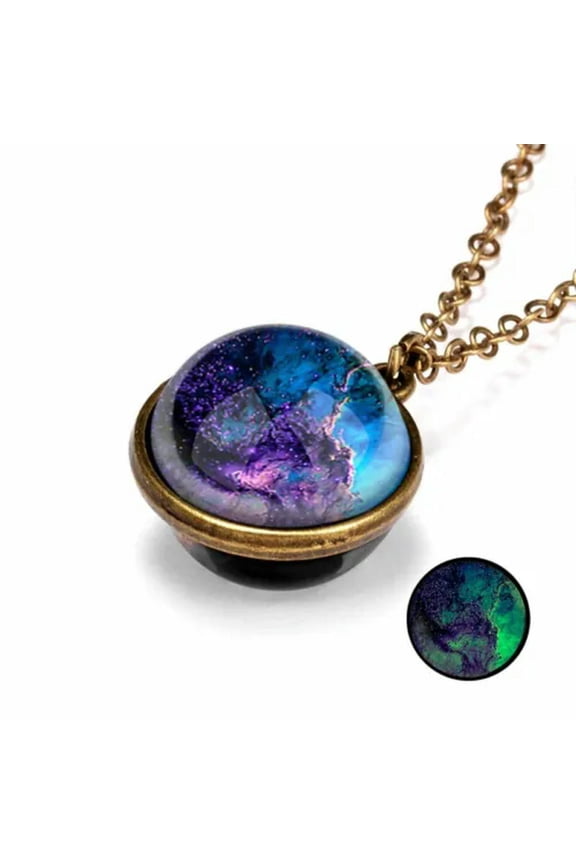 Glow In The Dark Nebula Galaxy Double Side Glass Pendant Necklace Planet Jewelry-#2 Astronomical