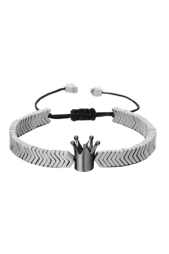 Gold Crown Beads Bracelets Hip Hop Jewelry Gift Arrow Adjustable Bangle For Men-Silver Black