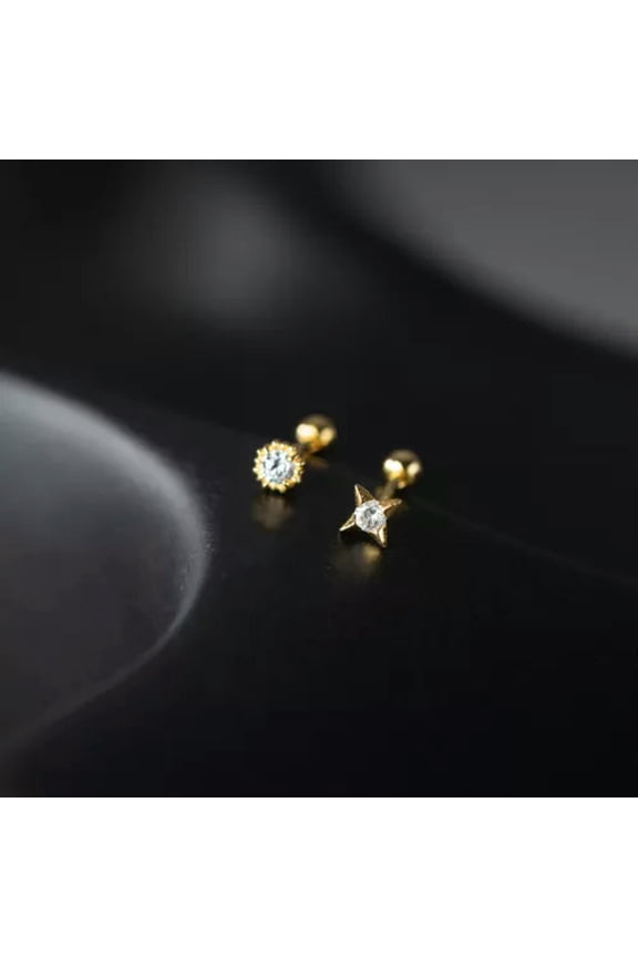 Gold Plated 925 Sterling Silver Crystal Round/Star Stud Earrings Screw Backs-Gold