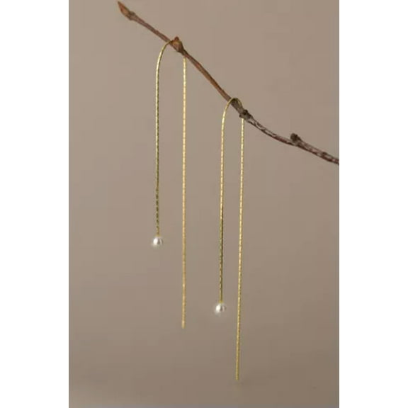 EOEMY Gold Plated 925 Sterling Silver Pearl Chain Drop Pull Through Threader Earrings-21.5Cm