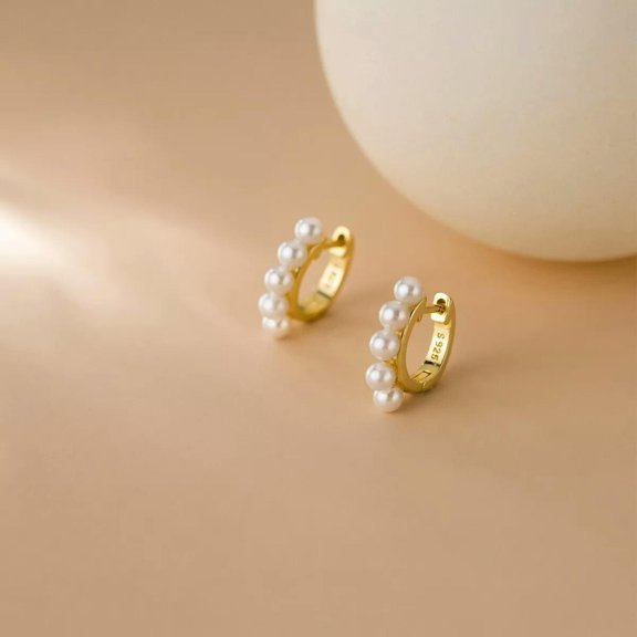 EOEMY Gold Plated 925 Sterling Solid Silver Huggie Hoop Earrings With Pearl Deco