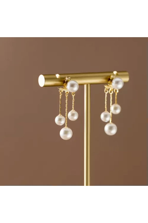 Gold Plated 925 Sterling Solid Silver Triple Pearl Drop Ear Jacket Stud Earrings-Gold