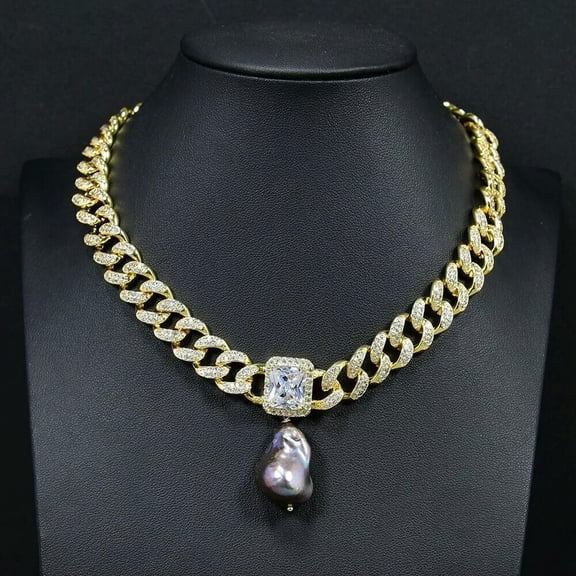 EOEMY Gold Plated Clear Cz Charm Cuban Chain Choker Necklace Keshi Pearl Pendant