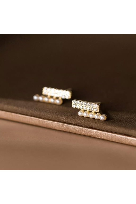 Gold Plated Solid 925 Sterling Silver Bar Cubic Zirconia Stud Earrings Gift