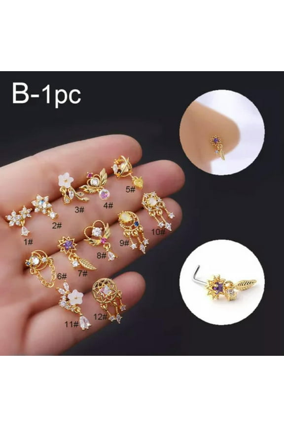 Gold Silver Nose Stud Piercing Thin Ear Pin Ring Bone End L Shape Gem Jewellery-650-Gold-10#