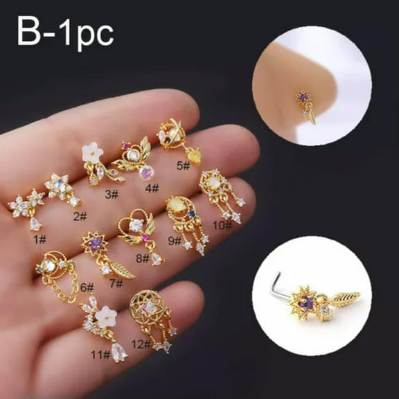 EOEMY Gold Silver Nose Stud Piercing Thin Ear Pin Ring Bone End L Shape Gem Jewellery-650-Gold-3#