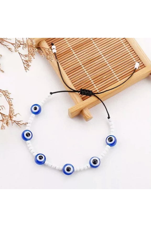 Good Luck Blue Evil Eye Crystal Turkish Bracelet Adjustable Women Men Jewelry-8mm Beads-Blue&White