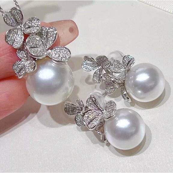 EOEMY Gorgeous Aaa 10-11mm South Sea White Round Pearl Pendant Earring Sets 925S
