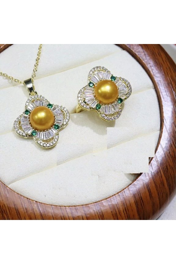 Gorgeous Aaa 8-9mm South Sea Golden Stud Pearl Pendant Ring Set 925S