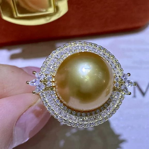 EOEMY Gorgeous Aaaa 12-13mm Natural South Sea Golden Stud Pearl Ring 925S