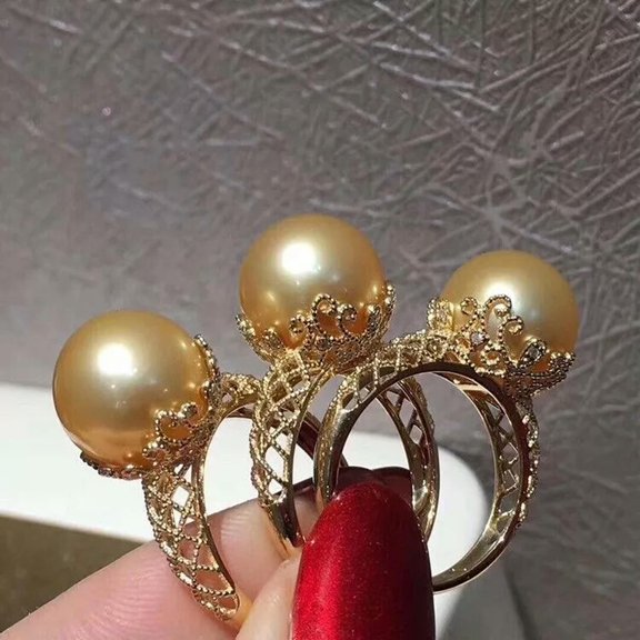 EOEMY Gorgeous Aaaaa 10-11 mm Genuine Natural South Sea Golden Round Pearl Ring 925S