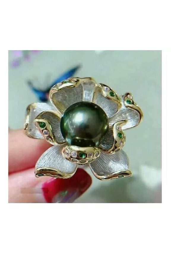 Gorgeous Aaaaa 9-10mm Natural South Sea Black Green Round Pearl Ring 925S