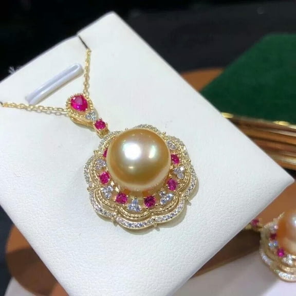 EOEMY Gorgeous Huge Aaa 9-10mm South Sea Golden Stud Pearl Pendant Necklace 925S.....