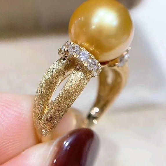 EOEMY Gorgeous Huge Aaaa 10-11mm Round Natural South Sea Golden Pearl Ring 925S