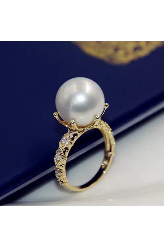 Gorgeous Huge Aaaa 10-11mm Round Natural South Sea White Pearl Ring Can Adjust-Gold Pearl