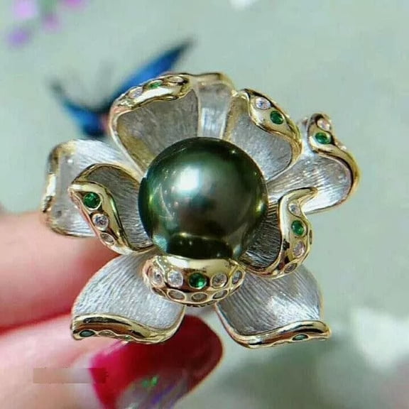 EOEMY Gorgeous Huge Aaaaa 9-10mm Natural South Sea Black Green Round Pearl Ring 925S