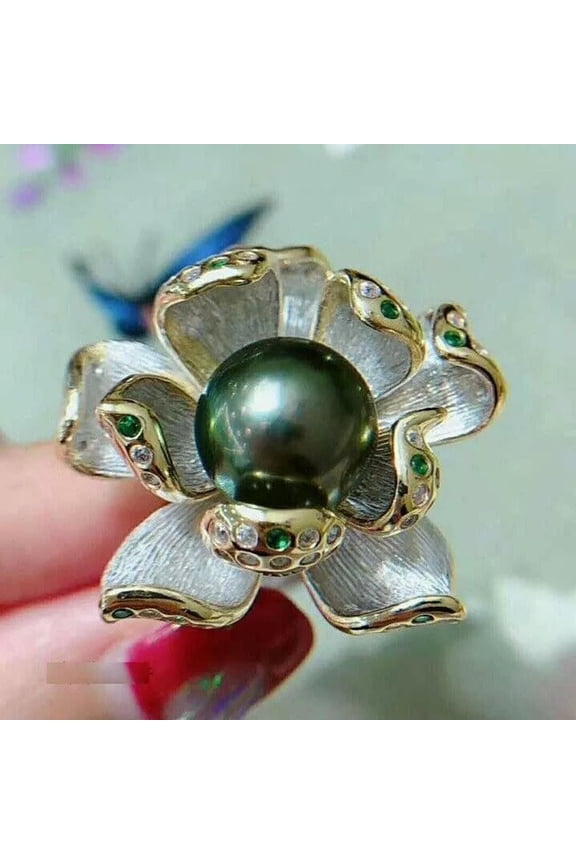 Gorgeous Huge Aaaaa 9-10mm Natural South Sea Black Green Round Pearl Ring 925S