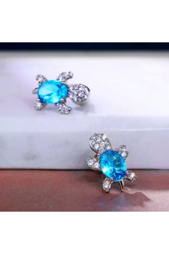 Gorgeous Women Lake Blue Crystal Turtle Jewelry 925 Silver Stud Earrings Gifts