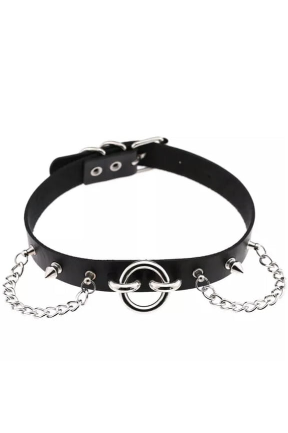 Gothic Punk Black Pu Leather Spiked Rivet O-Ring Collar Stud Choker Necklace-Rivet Chain 43Cm