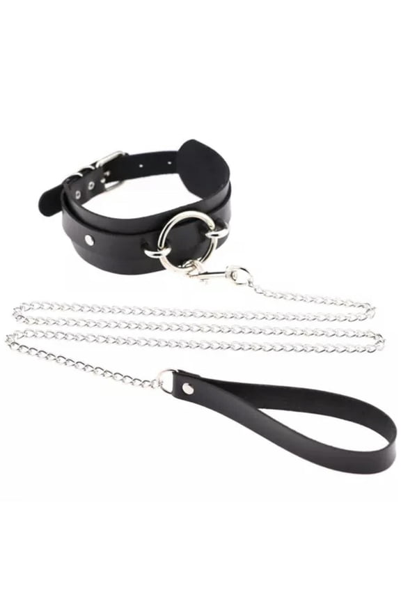 Gothic Punk O-Ring Leather Choker Collar With Chain Leash Set Cosplay Necklace-Black