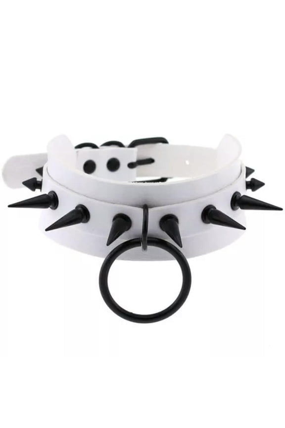 Gothic Punk White Pu Leather Spiked Rivet O-Ring Collar Stud Choker Necklace-Black Spike Rivet 40Cm