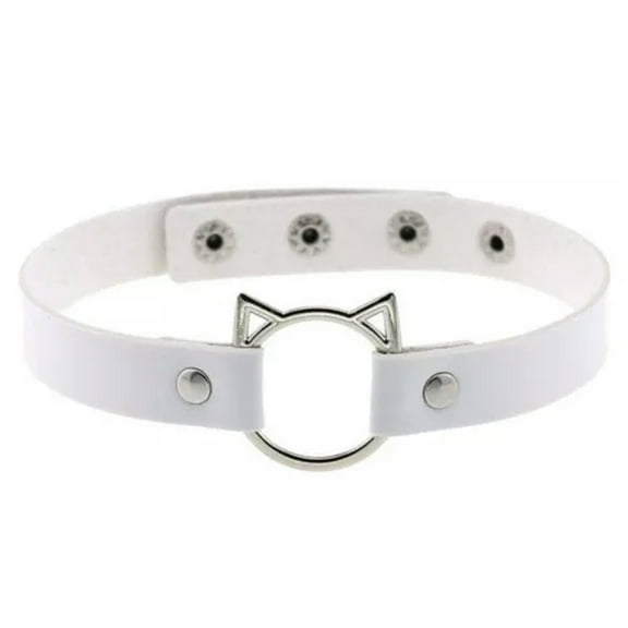 EOEMY Gothic Punk White Pu Leather Spiked Rivet O-Ring Collar Stud Choker Necklace-Cat-Ring 40Cm