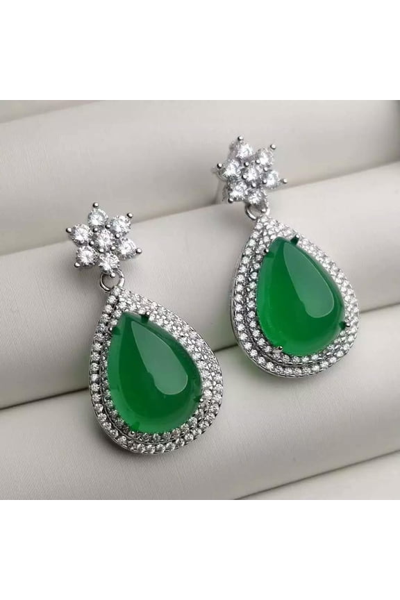 Green Agate Teardrop Cubic Zirconia Pave Bezel Set Dangle Stud Earrings