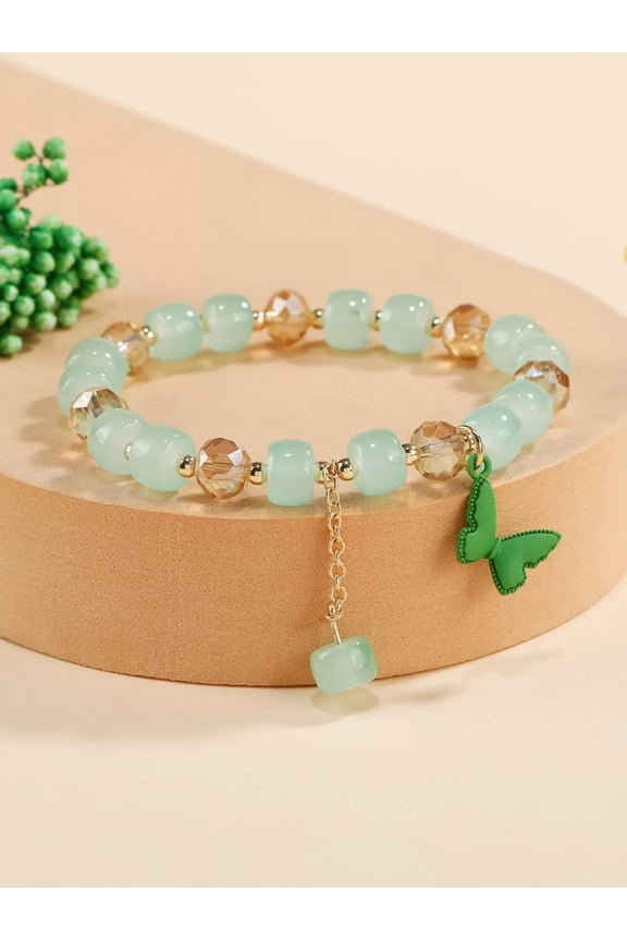 Green Butterfly Charm Beaded Bracelet Stackable Stretch Bracelets Mint Beads-Default