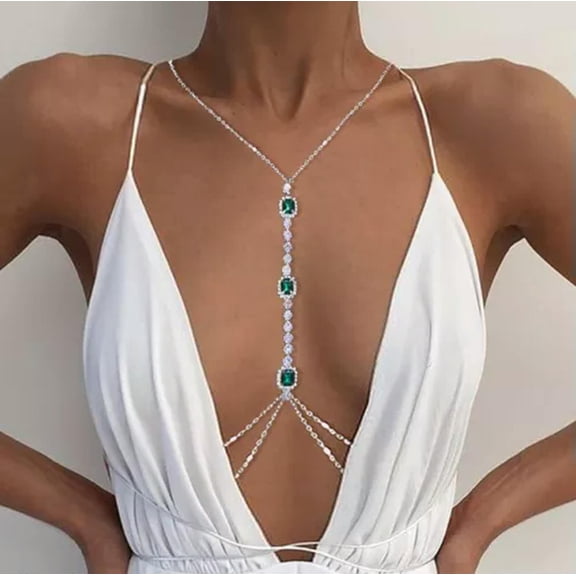 EOEMY Green Crystal Chest Chain Harness Stainless Steel Belly Waist Chain Body Jewelry-Silver