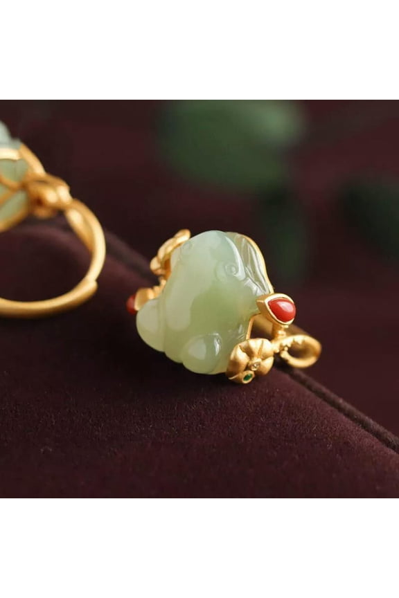 Green Jade Frog Rings Natural 925 Silver Women Adjustable Ring Jewelry Carved