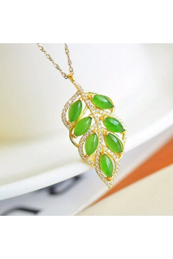 Green Jade Leaf Pendant Necklace 925 Silver Carved Jewelry Natural Chalcedony