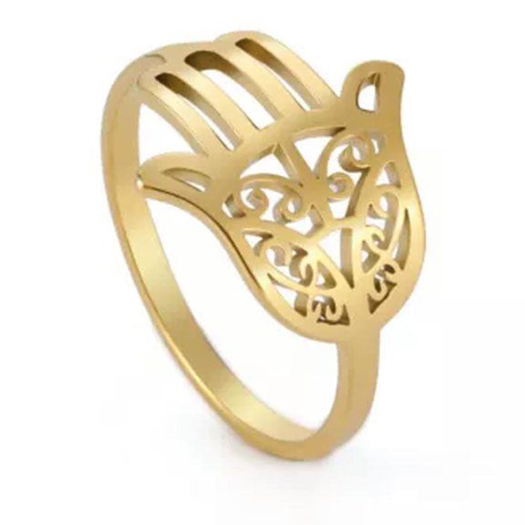 EOEMY Hallow Out Hamsa Hand Of Fatima Evil Eye Ring Stainless Steel Band Ring Jewelry