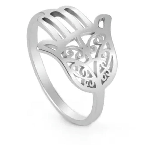 EOEMY Hallow Out Hamsa Hand Of Fatima Evil Eye Ring Stainless Steel Band Ring Jewelry