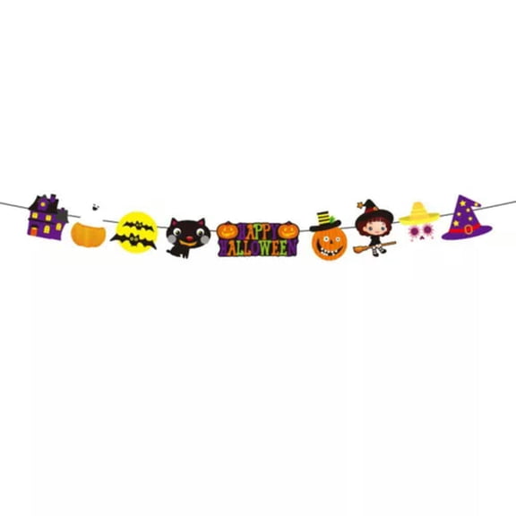 EOEMY Halloween Paper Pull Banner Horror Bat Pumpkin Witch Skull Flag Home Party Decor-Witch &Amp; Pumpkin &Amp; Black Cat