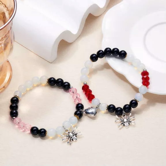 EOEMY Halloween Spider Heart Magnetic Attract Beaded Couples Bracelet Women Men Gift-2Pcs-Red&Pink