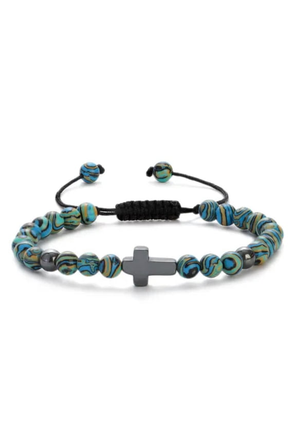 Handmade Cross Beaded Bracelet Howlite Turquoise Bead 6mm Adjustable Bracelets-Blue Malachite