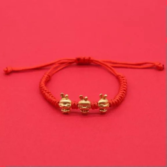 EOEMY Handmade Gold Plated Rabbit Charm Red Rope Braided Bracelet Women Lucky Jewelry-10-Three Gold Rabbits