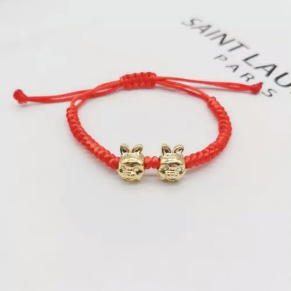 EOEMY Handmade Gold Plated Rabbit Charm Red Rope Braided Bracelet Women Lucky Jewelry-6-Two Rabbits
