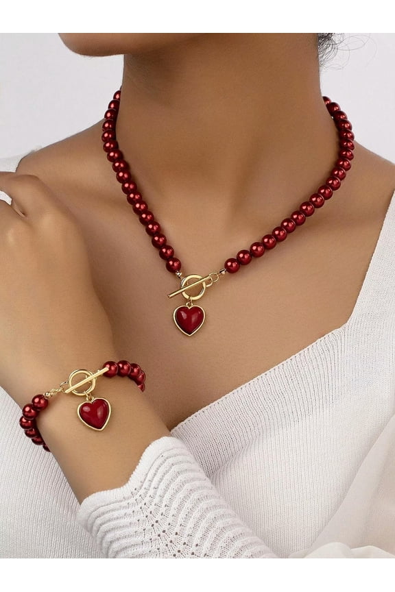 Heart Charm Ot Buckle Necklace & Bracelet Jewelry Set Jewelry Gift For Women-Default