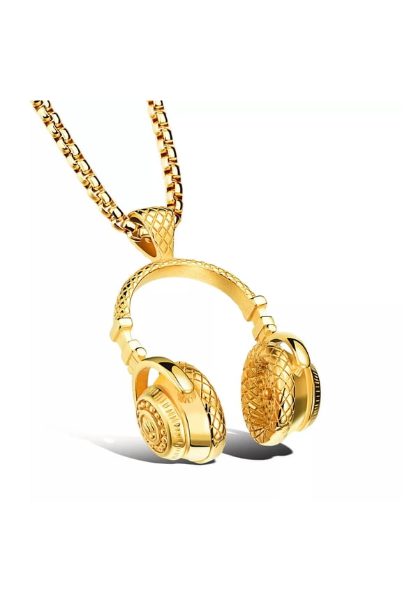 Hip Hop Dj Wireless Headphone Design Gold Men Stainless Steel Pendant Necklace-Default