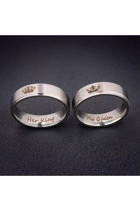 His Queen And Her King Silver Stainless Steel Couple Engagement Rings (2 Pcs)-11-12