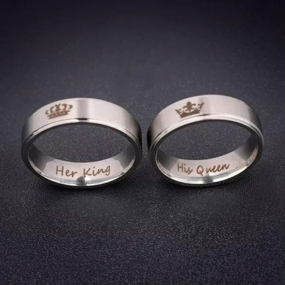 EOEMY His Queen And Her King Silver Stainless Steel Couple Engagement Rings (2 Pcs)-8-11