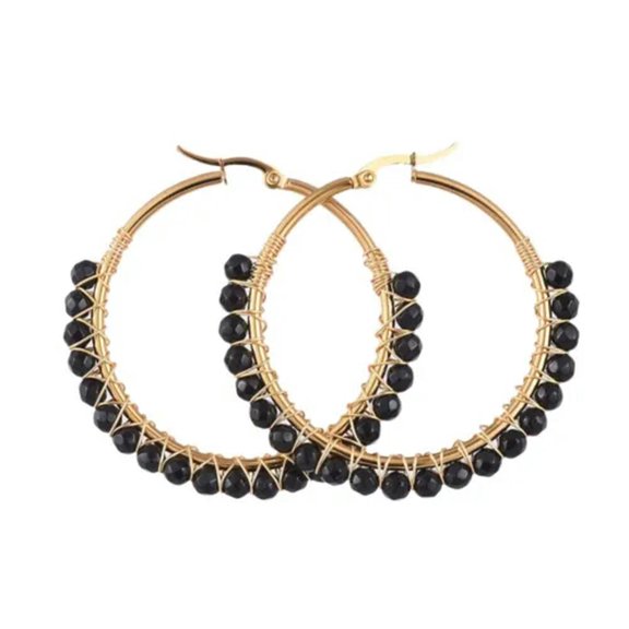 EOEMY Hoop Earrings Stone Beads Gold Stainless Steel Hoop 50mm Pin 0.6X1mm&nbsp; P602-Black Agate