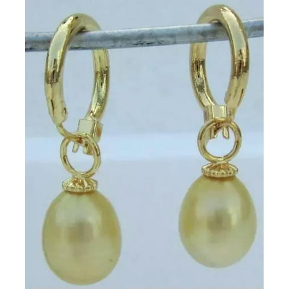 EOEMY Hot 10-12mm Golden South Sea Pearl Earrings 14K Yellow Gold