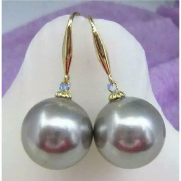 EOEMY Hot Aaa 16mm Natural South Sea Round Gray Shell Pearl Earrings 14K Yellow Gold