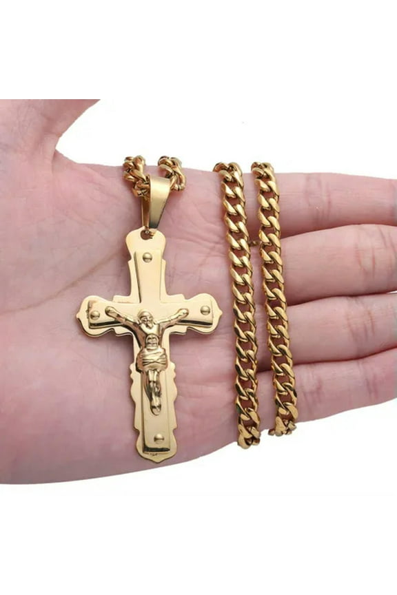 Hot Mens Stainless Steel Gold Silver Jesus Crucifix Cross Pendant Chain Necklace-Gold-40Inch Or 101Cm