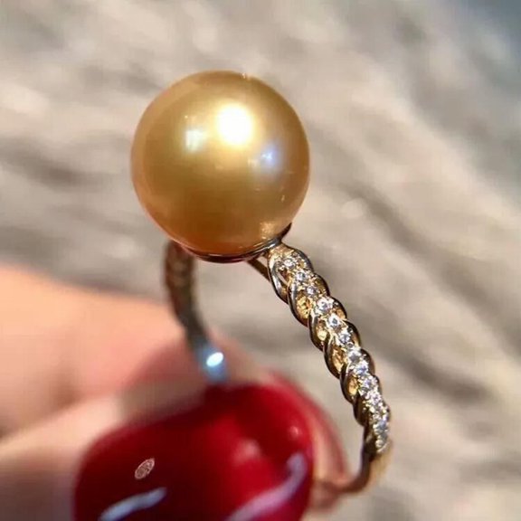 EOEMY Huge Aaaa 10-11mm Genuine Natural South Sea Golden Round Pearl Ring 925S...