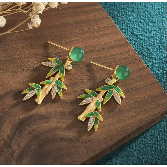 EOEMY Jade Crystal Drop Earrings 18K Gold Plated Dangle Gemstone Bamboo Leaf Handmade