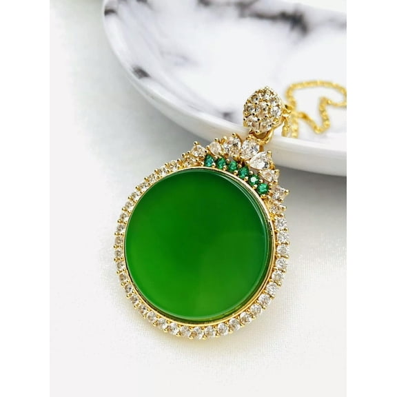 EOEMY Jade Crystal Pendant Charm Necklace With 18K Gold Plated Chain Green Gemstone